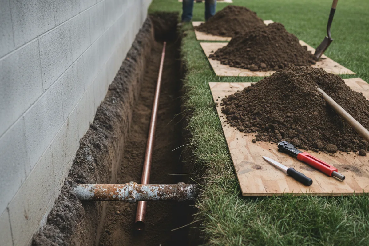 Excavated water line trench during Water Softener Installation in Bunkerville